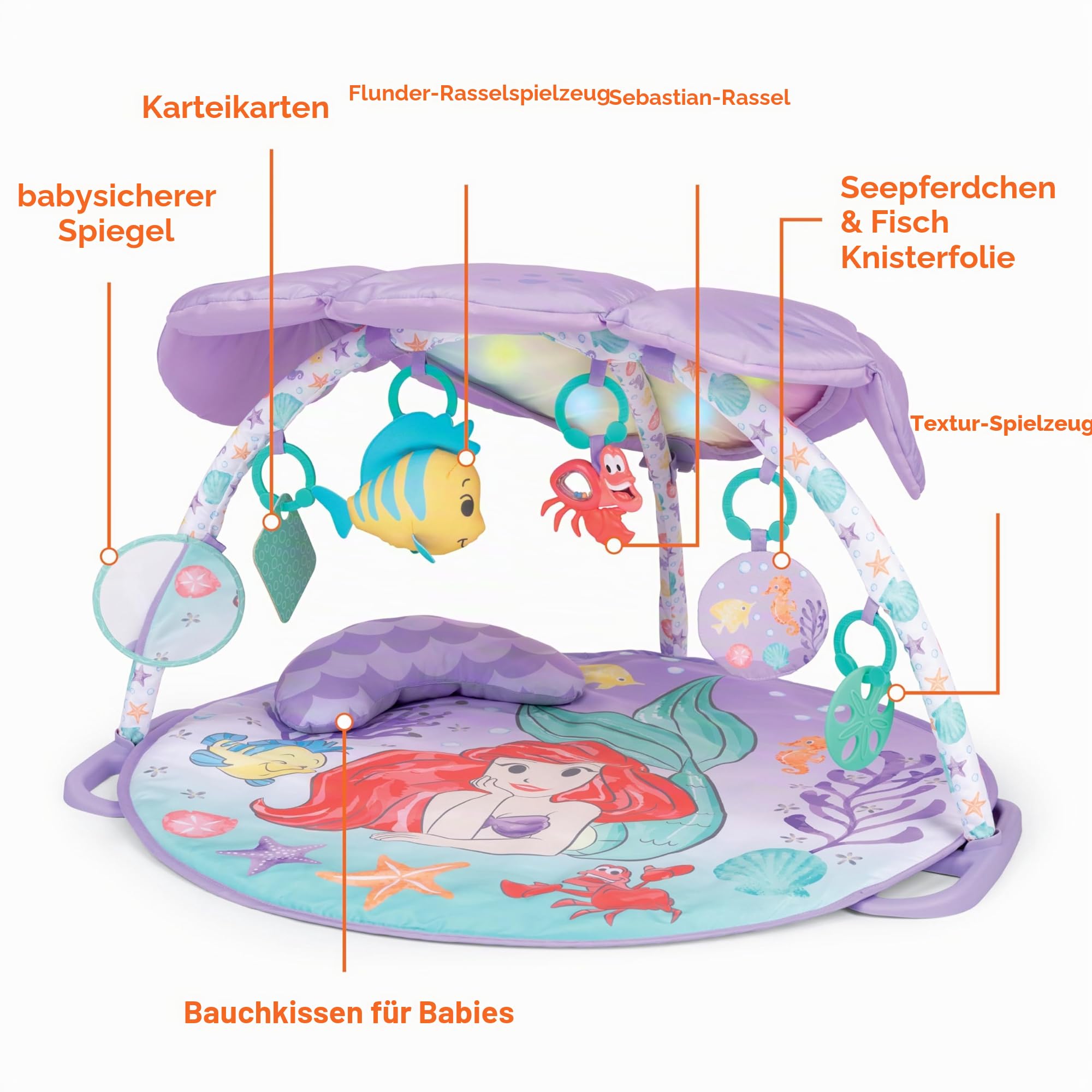 Bright Starts, Disney Baby Die kleine Meerjungfrau Twinkle Trove Spieldecke mit Spielbogen, 25 Minuten Melodien, 6 Spielzeuge enthalten, Neugeborene +