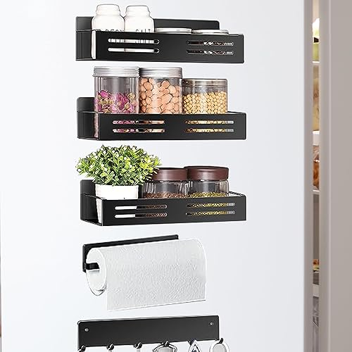 Paquete de 3 organizadores magnéticos para especias para refrigerador con 1 barra de ganchos, organizador magnético para refrigerador con soporte de
