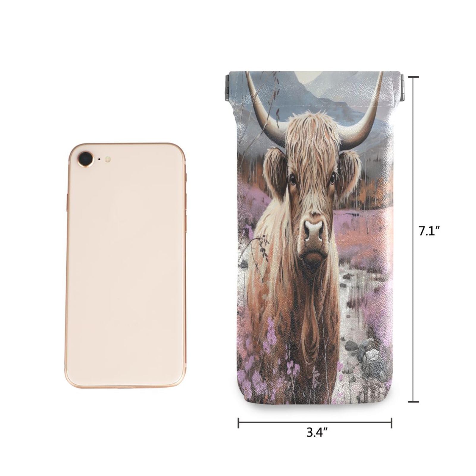 FLildon Farm Highland Cow Eyeglasses Pouch Squeeze Top Sunglasses Case Soft PU Leather Eyeglass Bag for Men Women