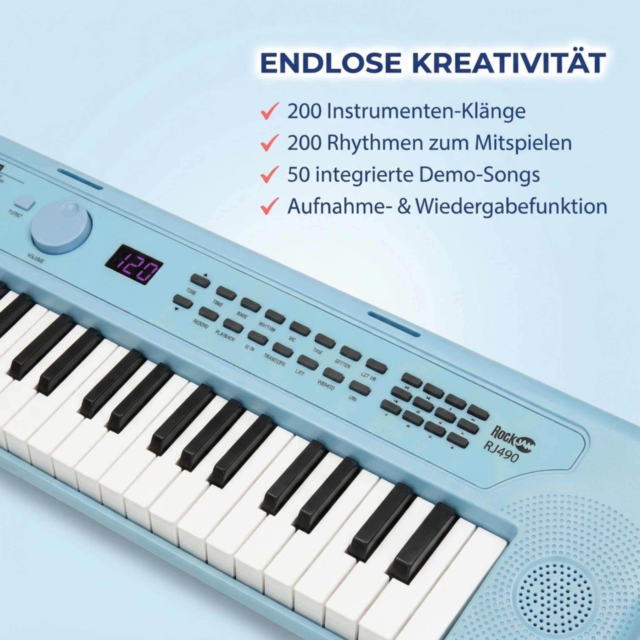 RockJam RJ490BB Mini Keyboard Piano mit 49 Tasten, tragbares elektronisches Synthesizer Keyboard Babyblau mit USB-C, Lautsprechern, Kopfhöreranschluss, 200 Klängen und Rhythmen