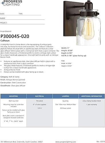 Miniatura 19 de Progress Lighting P300045-020 Calhoun Collection - Lámpara de tocador de baño de cristal transparente, 1 luz, bronce antiguo