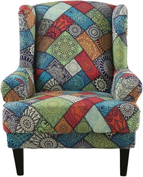 Bohemia Wingback Chair Cover 2-Piece, Stretch Jacquard Living Room Slipcovers with Arms, 100% Waterproof Soft Spandex, Machine Washable for Living Room Bedroom Green