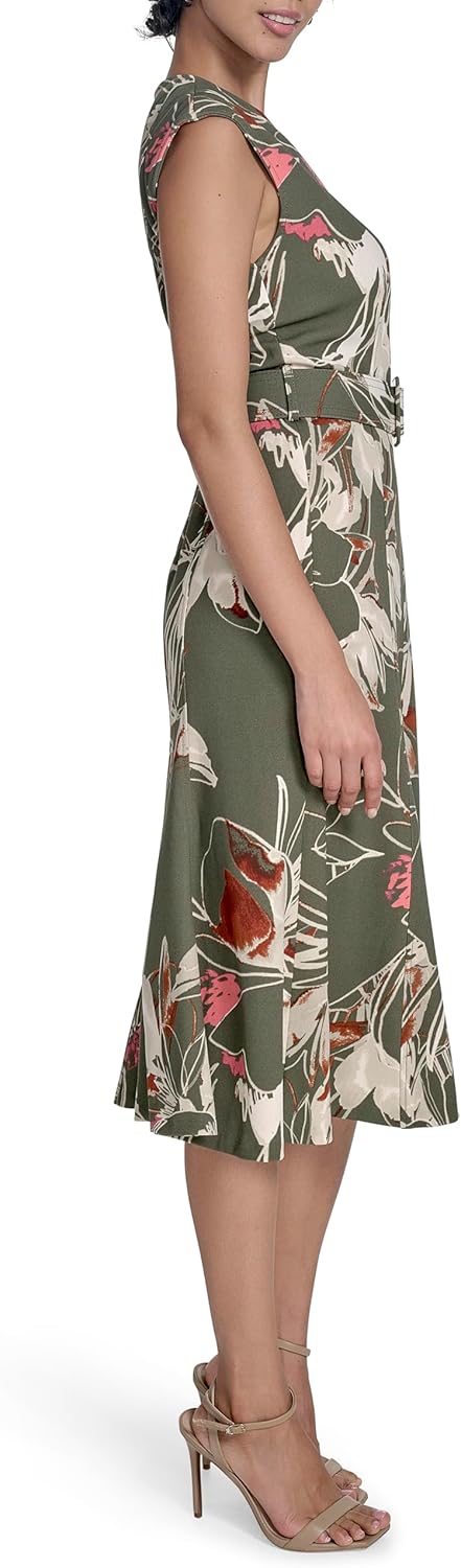 Calvin Klein Womens Sleeveless Belted A-line Flounce Midi Dress - Image 3