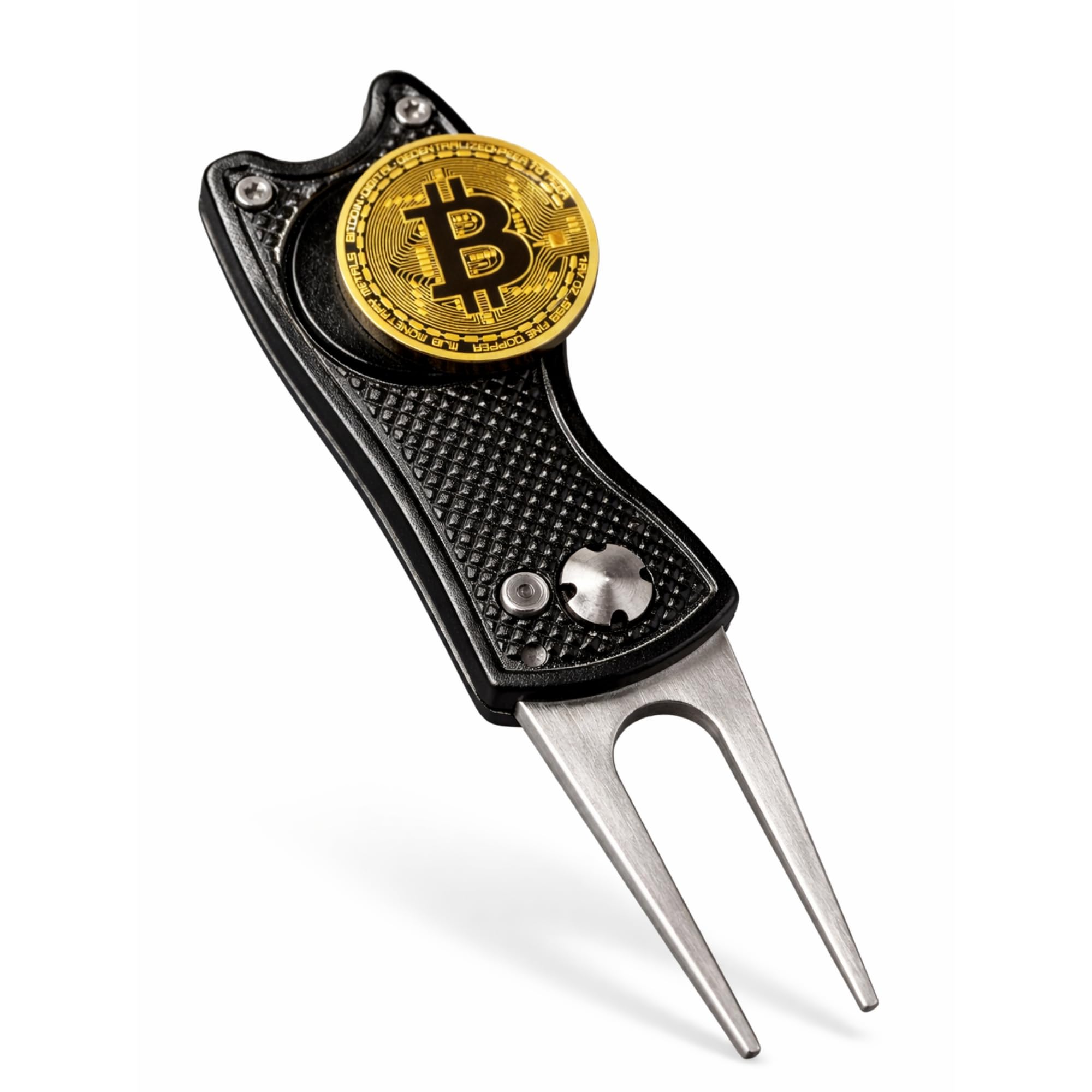 HODL 21 Bitcoin Golf Divot Repair Tool, All-Metal Golf Accessories - 3- in-1 Golf Multitool (Divot Tool, Ball Marker, Club Holder) | Foldable with