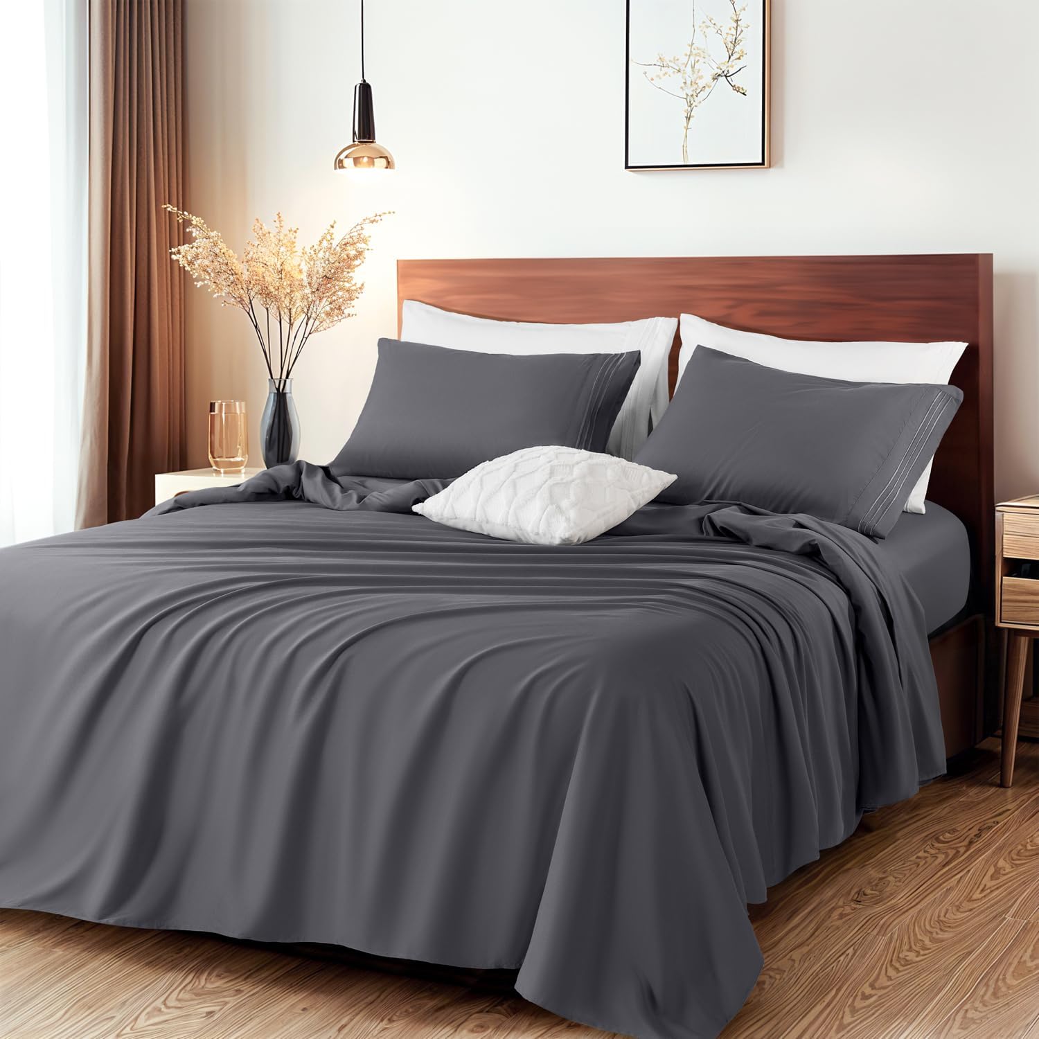 Queen Size 4-Piece Sheet Set - Luxury 1800 Thread Count Microfiber with Deep Pockets, Cooling, Wrinkle-Free & Ultra Soft for Hotel-Style Comfort (Dark Grey-7,Queen)