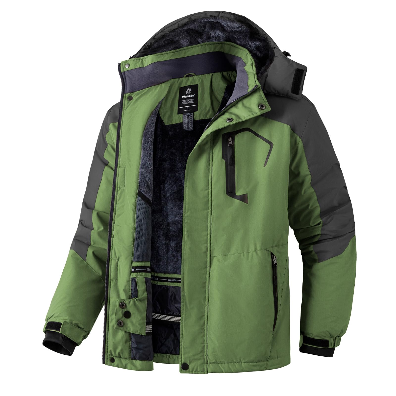 Wantdo Giacca da Sci Montagna Calda Invernale Parka da Neve Imbottita Cappotto da Snowboard in Pile Giubbotto con Cappuccio Impermeabile Uomo