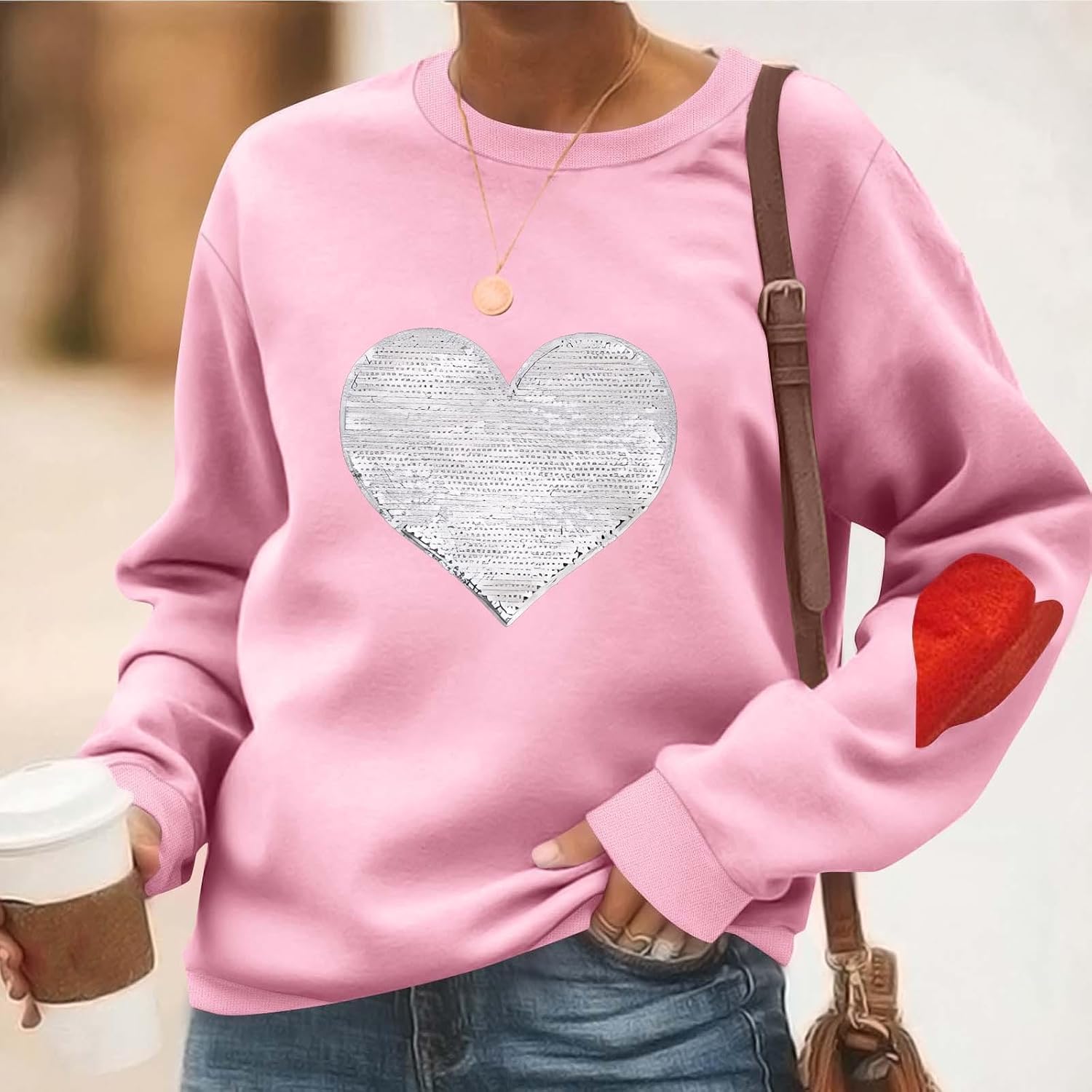 Valentines Sweatshirts for Women Fashion Love Heart Printed Long Sleeve Tops Crewneck Graphic Pullovers Sweatshirts
