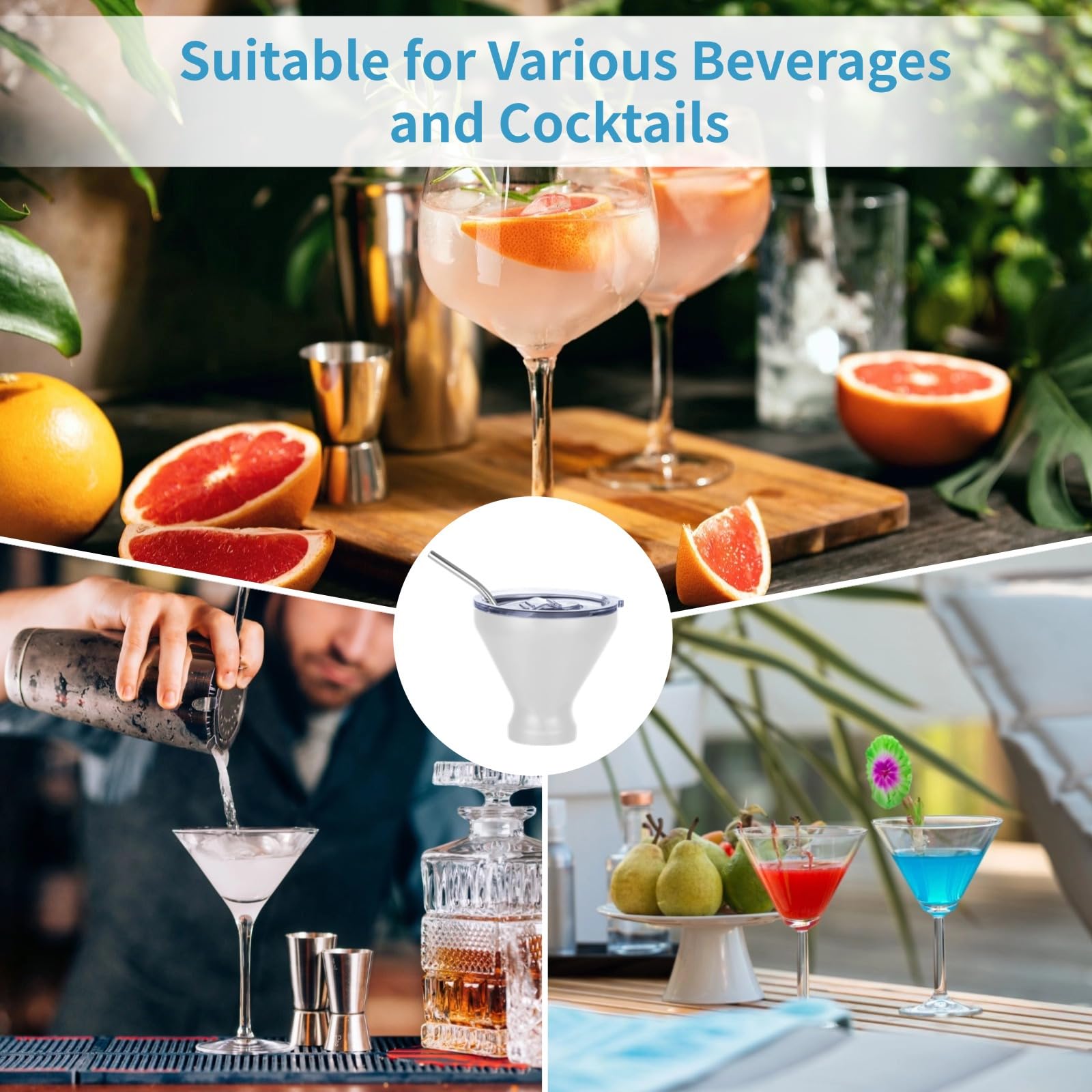 Cocktailgläser aus Edelstahl mit Deckel und Strohhalmen, doppelwandige, isolierte Trinkgläser für Margarita, 284 ml, 4 Stück
