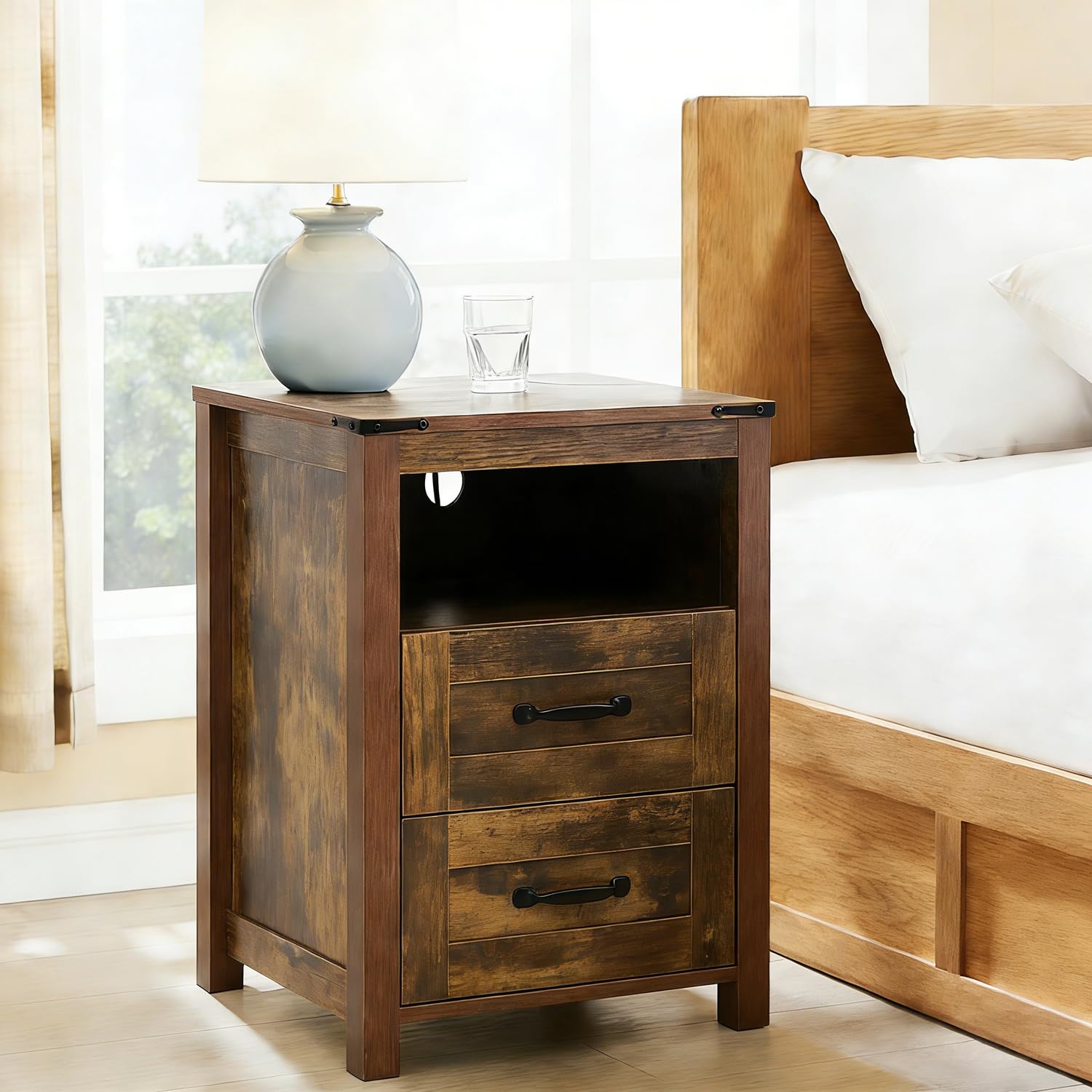 Brown Rustic Night Stand, Farmhouse End Table, Modern Bedside Table with 2 Storage Drawers and Open Shelf, Tall Nightstand for Bedroom