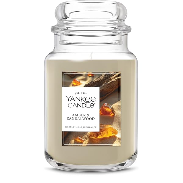 Yankee Candle, Amber & Sandalwood Fall Scented Candle, 22oz Large Jar with up to 150 Hour Burn Time