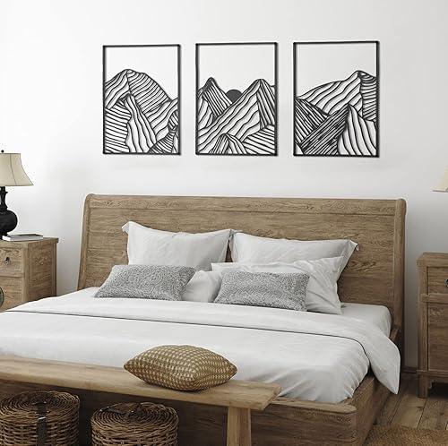 Miniatura 4 de Peryiter - 3 piezas de decoración de pared de metal de Navidad, paisaje de montaña, decoración colgante de pared para sala de estar, imágenes de