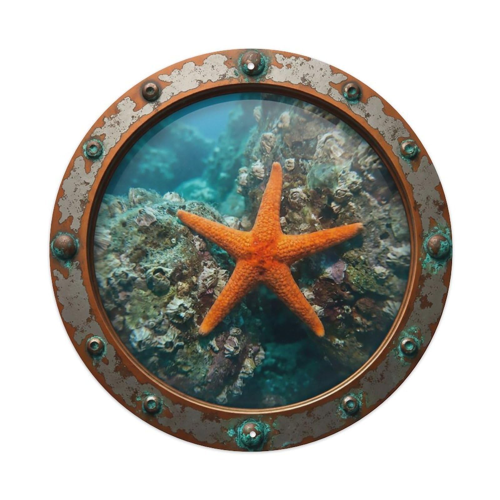 Odgynaw 8X8inch(20X20cm) Vintage Porthole Starfish Nautical Window View Metal Tin Sign