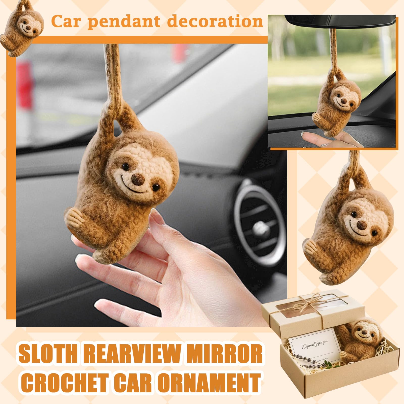 Faultier-Rückspiegel-Zubehör, gehäkelter Auto-Charm, handgefertigtes gestricktes Faultier-Auto-Ornament, niedliches Häkeltier-Auto-Dekor-Zubehör, Dekor-Geschenk für Liebhaber (1 Stück)