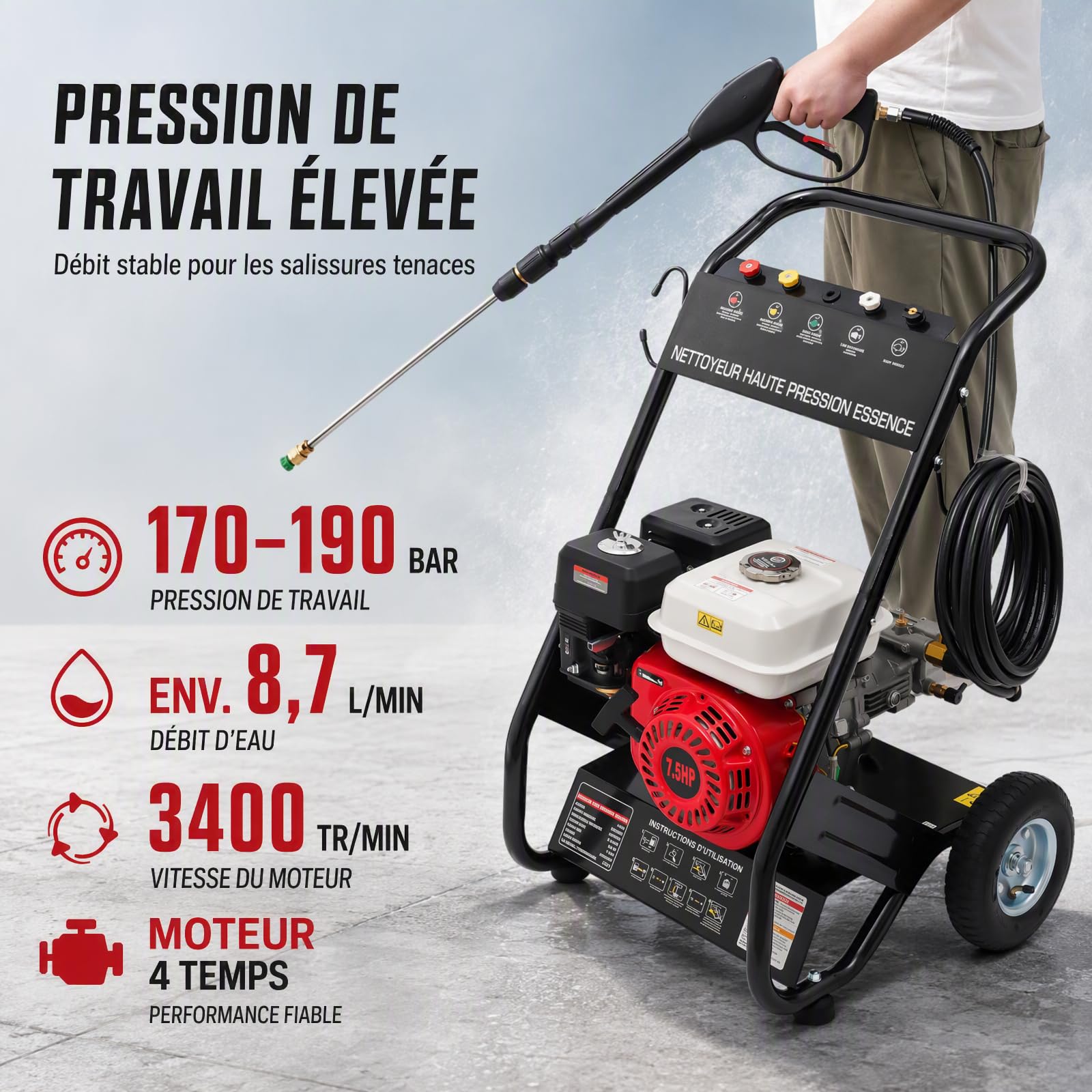 Nettoyeur Haute Pression Thermique 190 Bar 7 CV 4 Temps avec 5 Buses