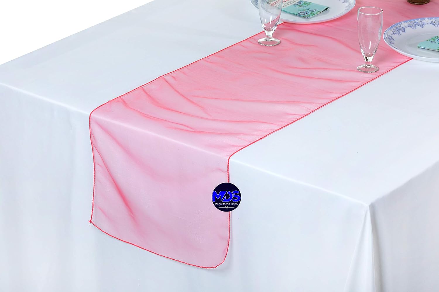 MDS 10 Pack Organza Table Runner 12 x 108 inch Long Premium Table Runners for Wedding Party, Events Decoration, Banquets Decorations, Bright and Smooth Silk Fabric Party Table Runner- Coral NW
