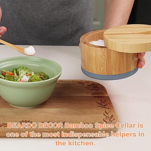 Miniatura 7 de Bodega de sal de bambú con tapa y cuchara, caja de sal gris, fácil de distinguir especias en el tazón, recipiente de sal con tapa giratoria
