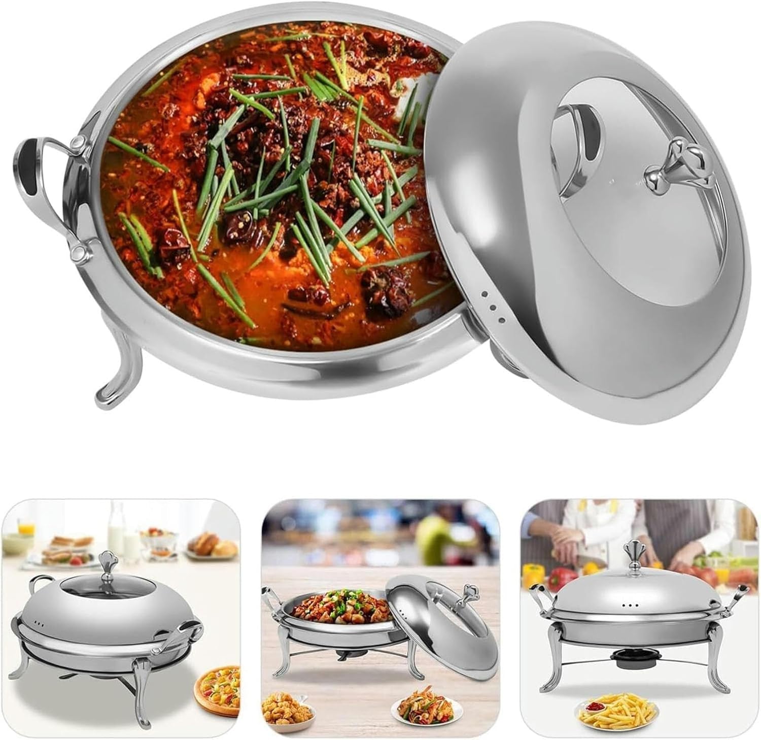 3L Round Stainless Steel Chafing Dish Buffet Set, Food Warming Tray with Adjustable Firepower for Parties, Dinners, and Outdoor Catering(28CM) (Silver 28CM)