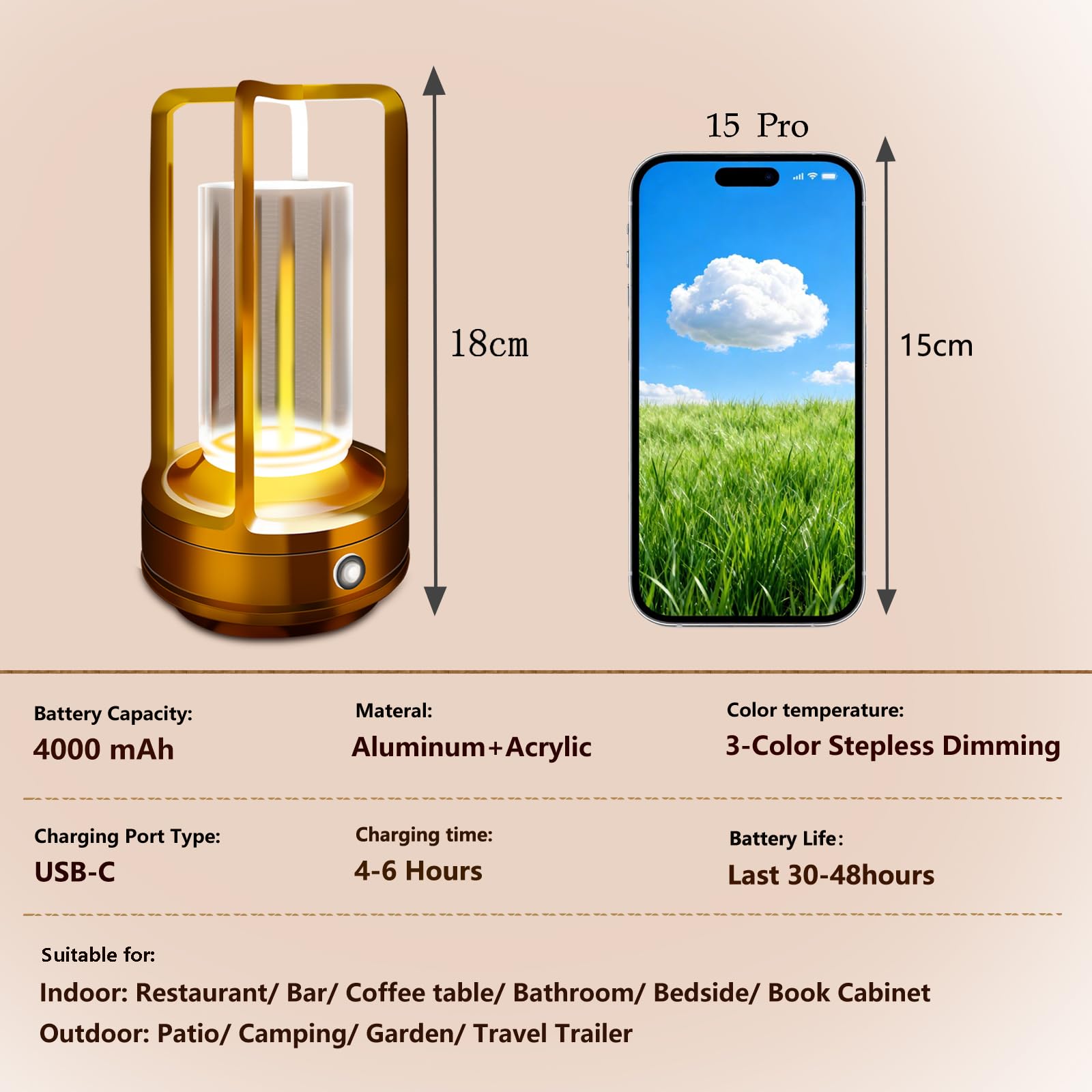 Lot de 2 lampes de table LED sans fil rechargeables avec 3 couleurs à intensité variable - Lampe de table d'extérieur pour terrasse, camping, intérieur - Pour bar, café, maison (doré)