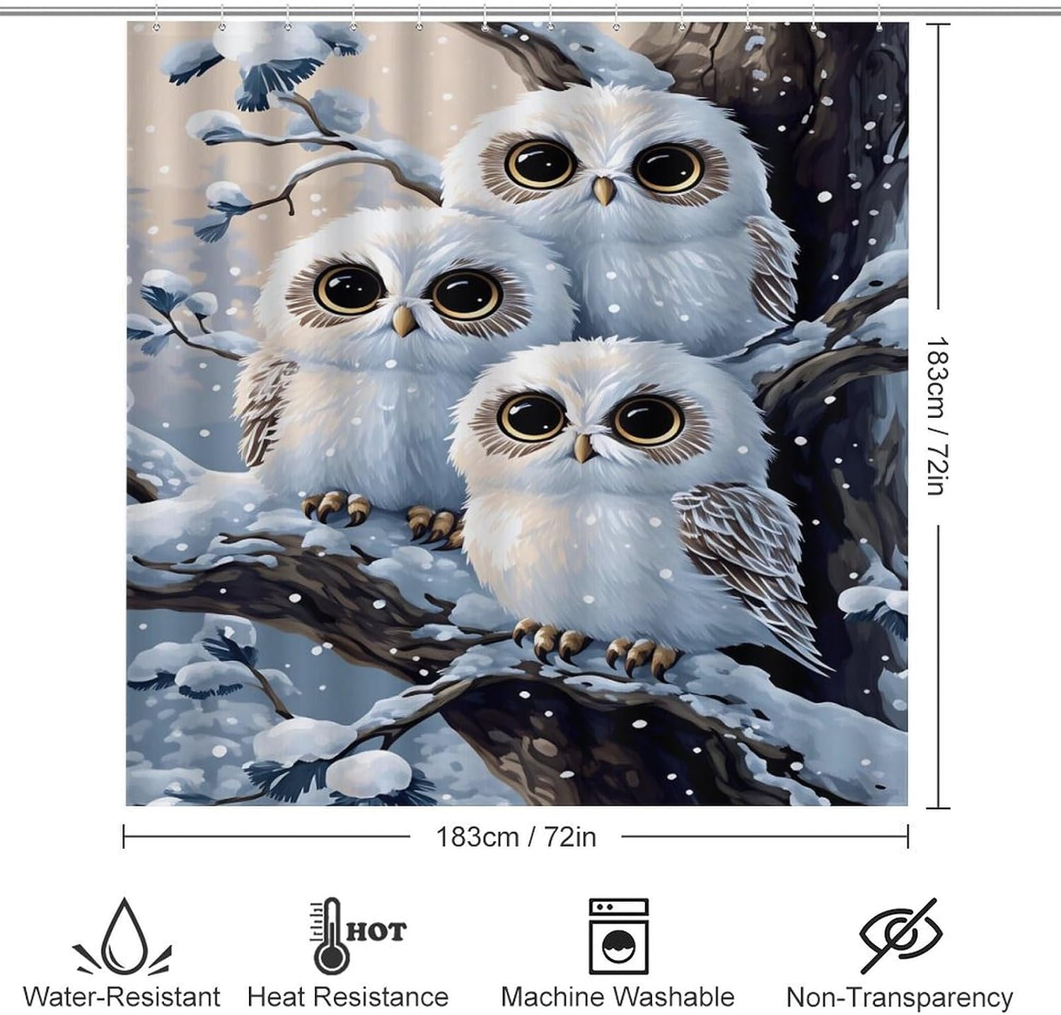 Snowy Owls Winter Tree 4 PCS Bathroom Set with Shower Curtain Rugs, Ultra Soft Coral Fleece Bath Mat, U-Shaped Rug, Toilet Lid Cover, 72" X 72"