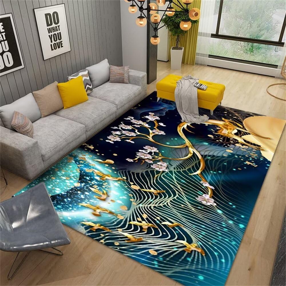 Tapis de chambre ado et enfant fille bleu vert jaune en grand format 250x300CM