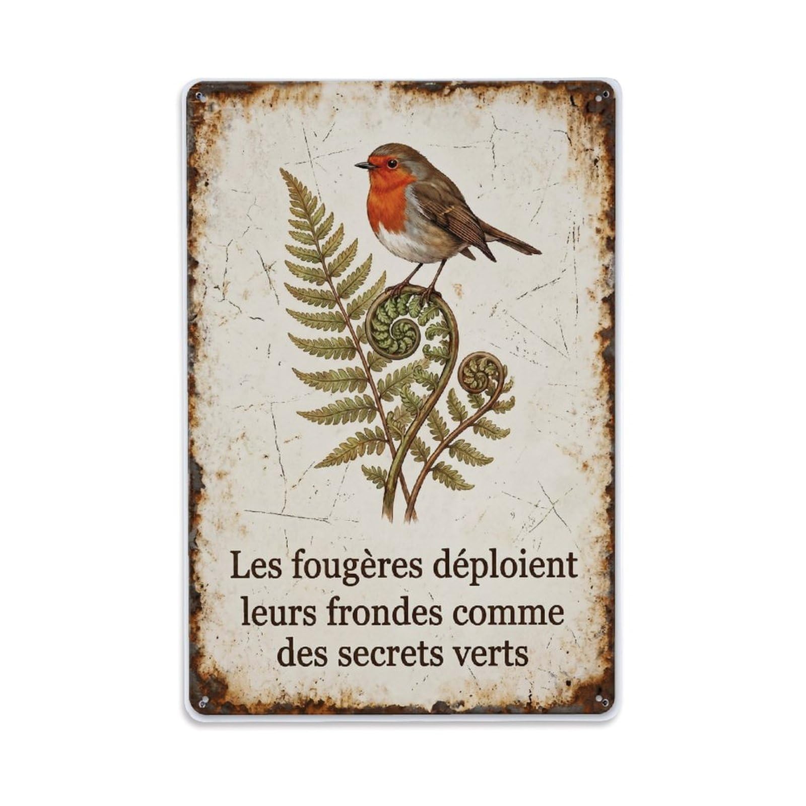 Fqnyr Style Robin Bird Garden Quote Fern Frond Metal Tin Sign Plaque Wall Decor For Cafe, Club Bar, Office, Home Garden Metal Poster 8X12inch