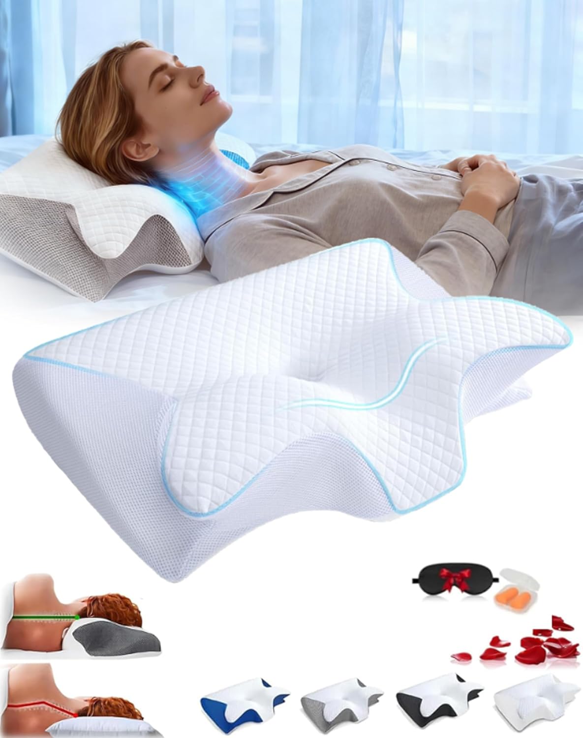 Sleep Apnea Pillow, Ergonomic Pillow for Neck Pain Relief, 2 in 1 Neck Support Pillow for Sleeping, Breathable Comfortable,Reducing Snoring byto 68%, for Side & Back Sleepers (Grey)