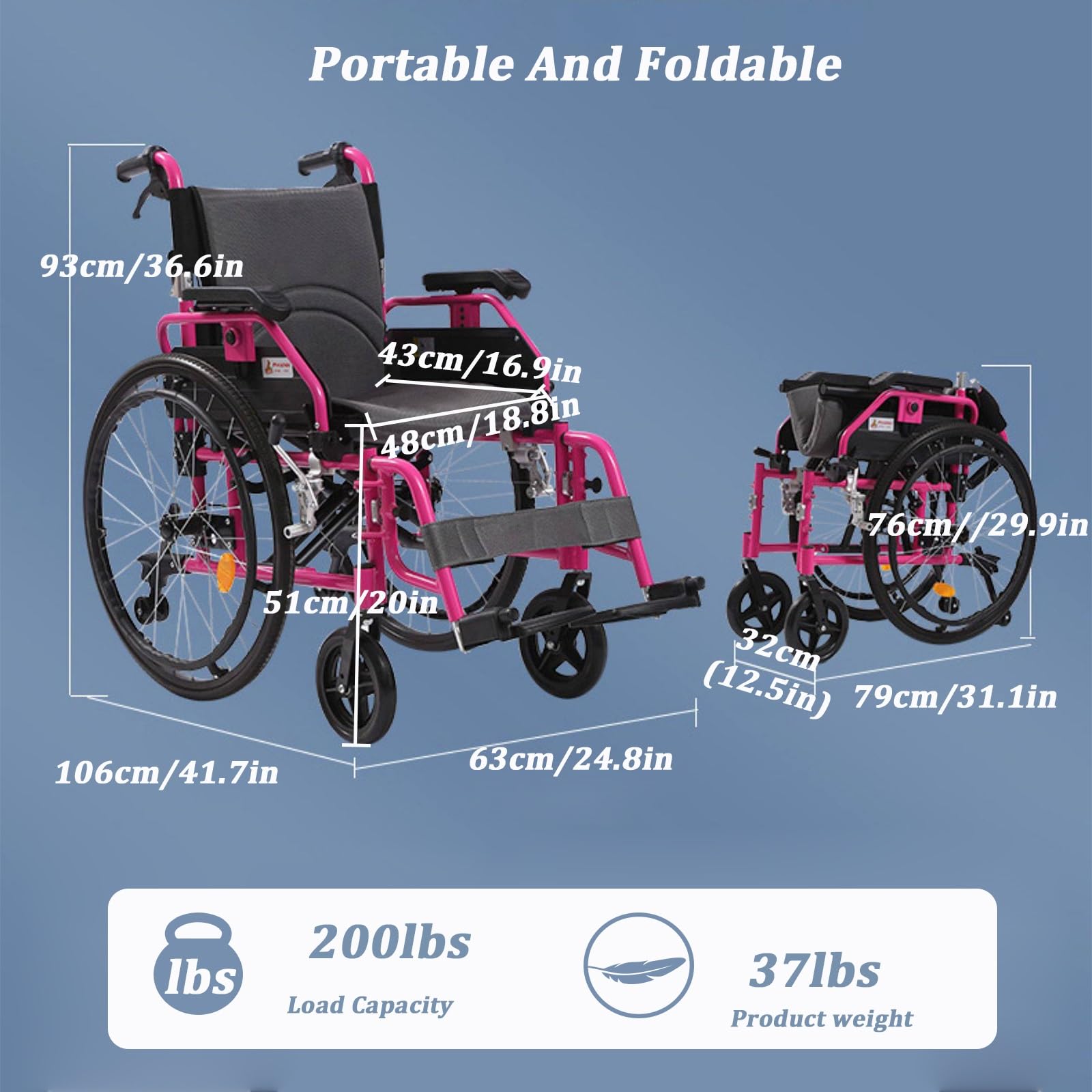 Sedia a rotelle pieghevole, Alluminio, Due sistemi frenanti, Pedane pieghevoli e rimovibili, Sedile 48 cm,Ruote piene(Pink)