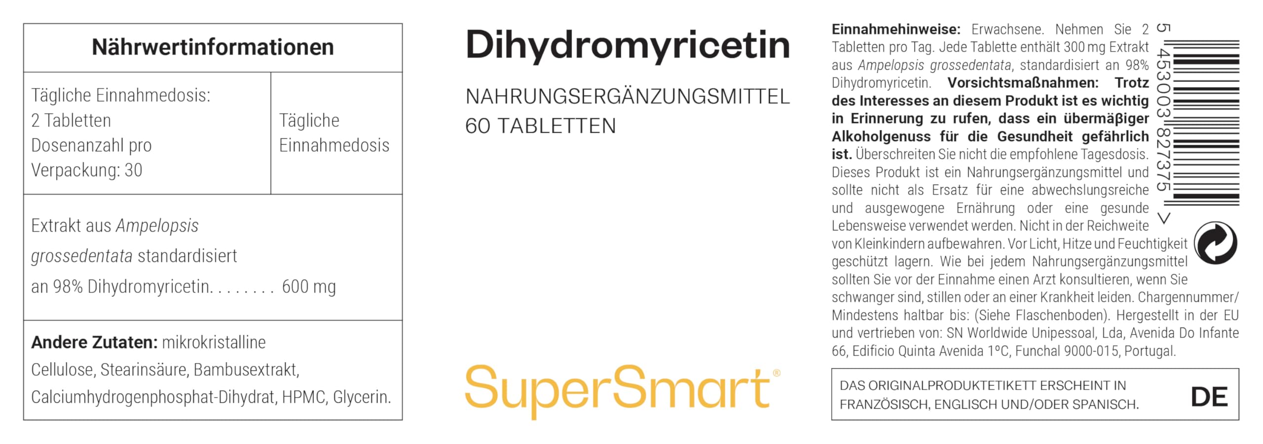 SuperSmart - Dihydromyricetin - 100% natürliche Flavonoid-Unterstützung - Leber & Entgiftung - Hilft gegen Kater | Nicht GVO & Glutenfrei - 60 vegetarische Kapseln