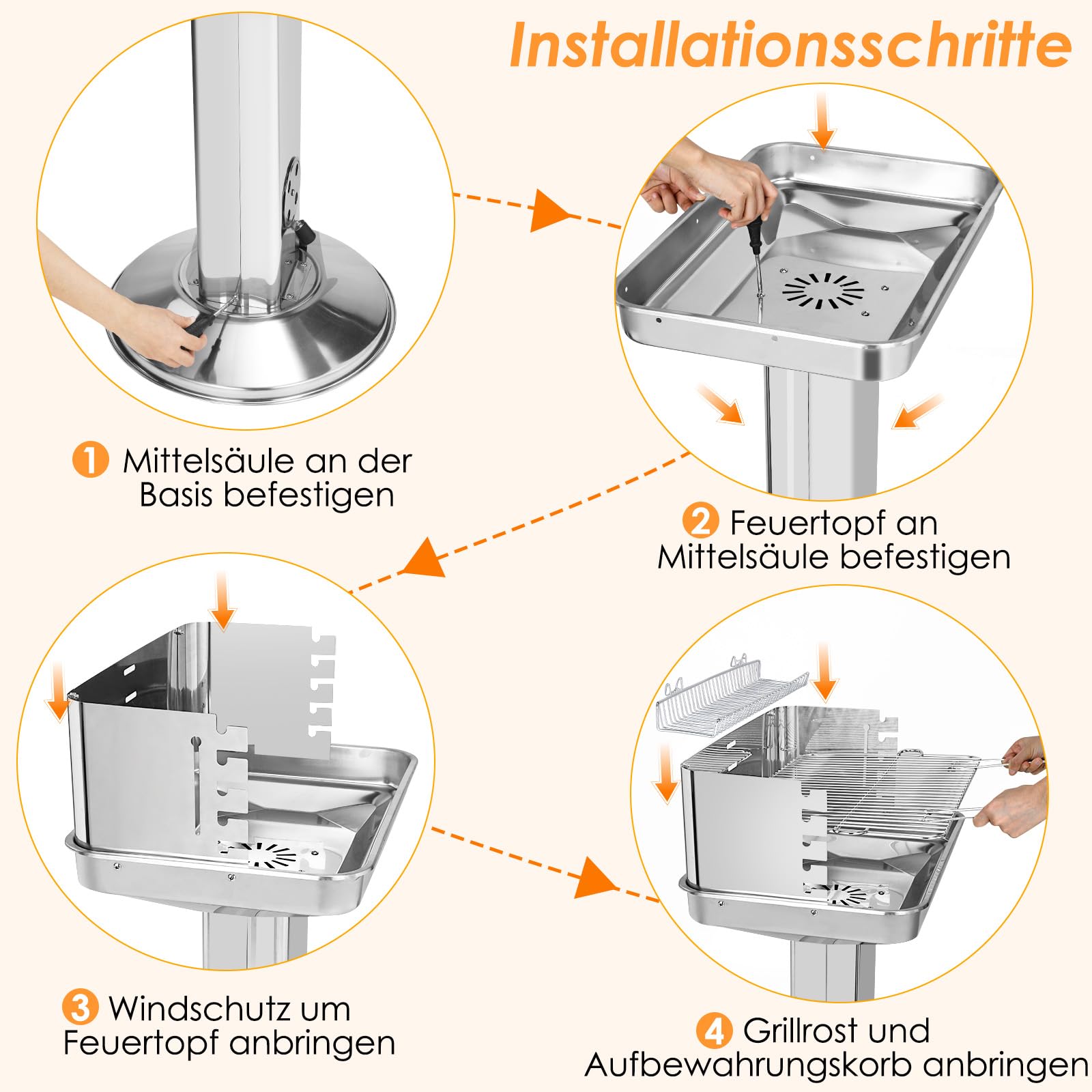 TLGREEN 57*38*90 cm Barbecue a colonna in acciaio inox, Altezza regolabile in 5 posizioni, Barbecue da esterno con Cassetto cenere, ventilazione e griglia cromata, Outdoor, Party, Giardino, Spiagge