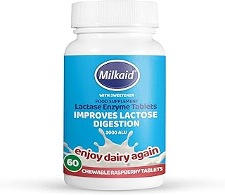 Milkaid Lactase Enzyme Chewable Tablets for Lactose Intolerance Relief | Prevents Gas, Bloating & Diarrhoea | Fast Acting Dairy Digestive Supplement | Gluten Free & Vegan | 60 tablets