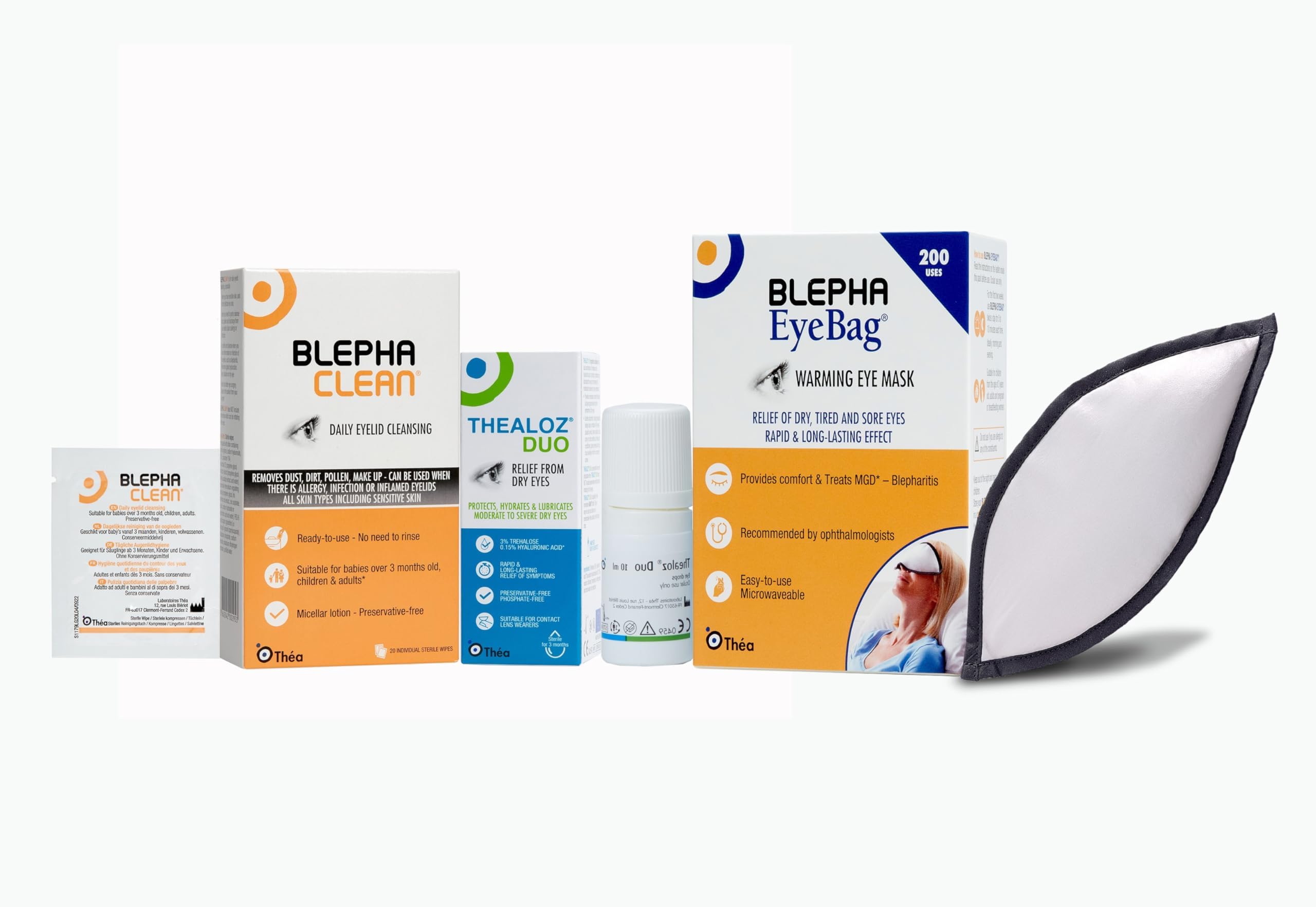 Moderate to Severe Dry Eye Care Bundle - Thealoz Duo Eye Drops for Long-Lasting Dry Eye Relief, Blephaclean Eyelid Wipes for Gentle Cleansing and Blepha EyeBag Warming Eye Mask for Tired, Sore Eyes