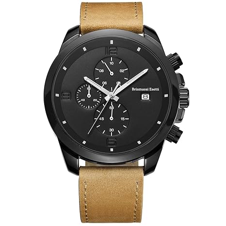 Brismassi Esetti Wrist Watches Mens Minimalist Quartz Wristwatch Chronograph Light Brown Leather Luxury Watch