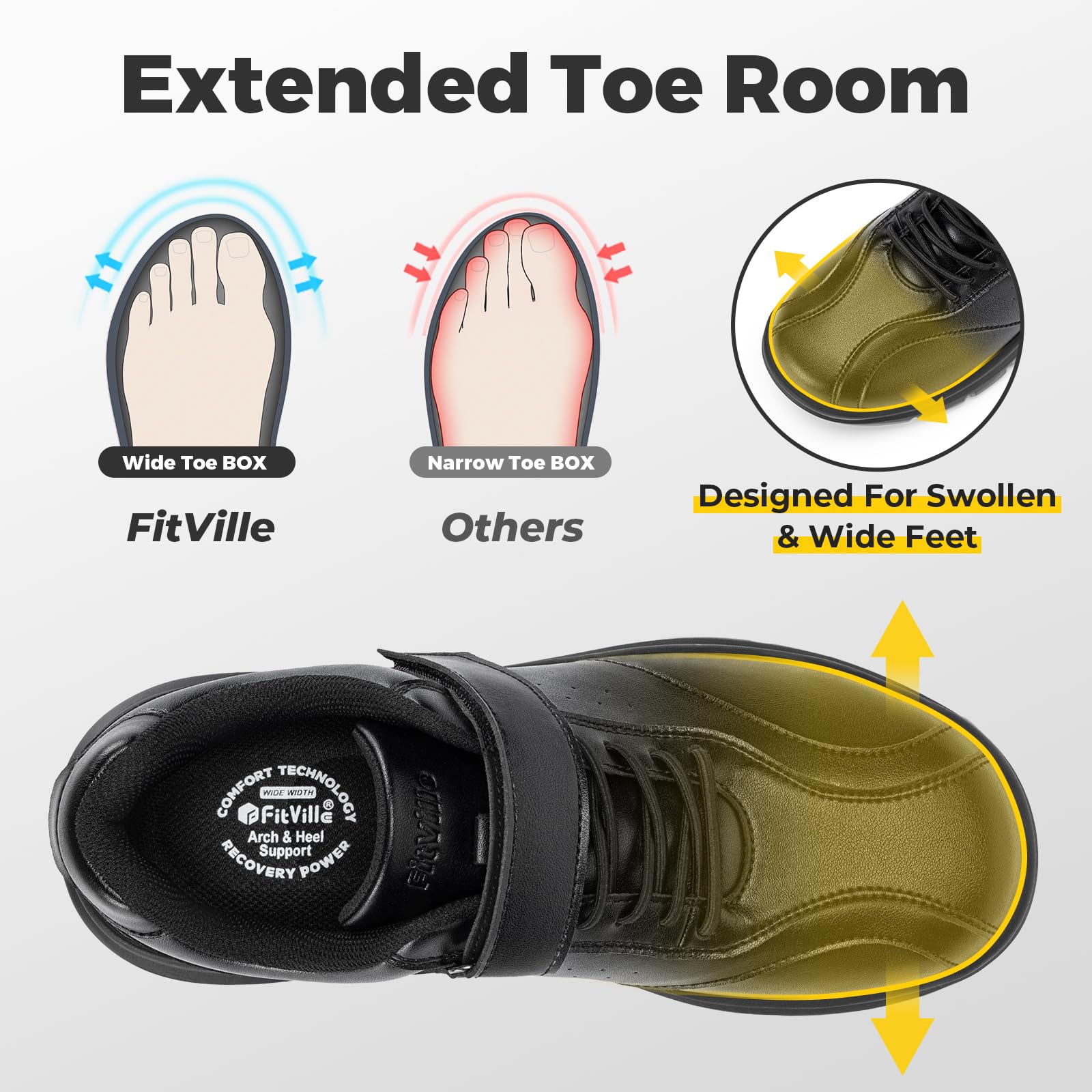 FitVille Extra Breit Leichte Sneaker Herren Einstellbar Gesundheitsschuhe Bequeme Dämpfung Walkingschuhe Business Freizeitschuhe mit aus Microfaser-Leder
