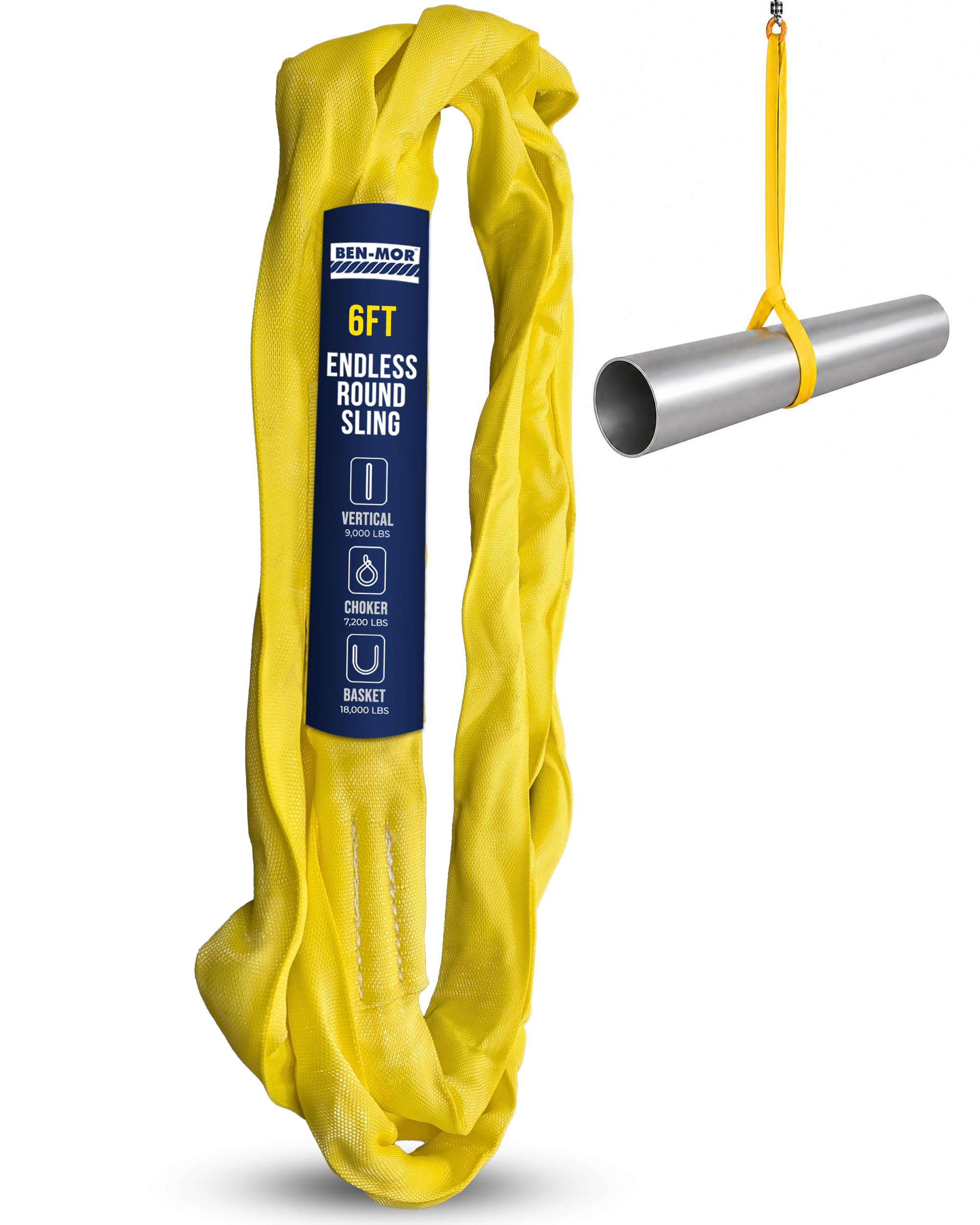Ben-Mor Eslinga de elevación redonda de 4,082 kg - Eslinga de elevación de poliéster resistente para aparejos, verticales, gargantillas y cestas - 1,8 m amarillo