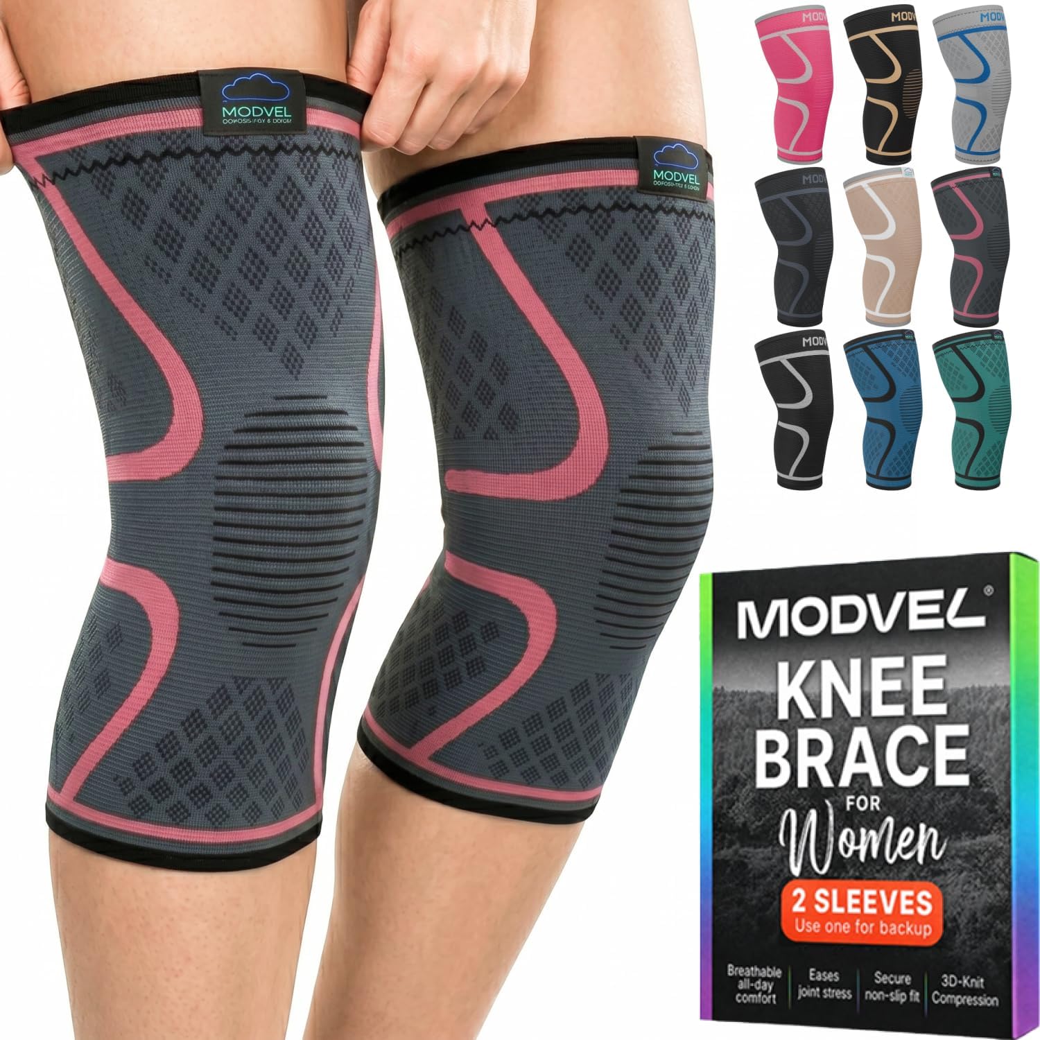 Modvel Compression Knee Brace for Women & Men - 2 Pack Knee Brace for Women Running Knee Pain, Knee Support Compression Sleeve, Workout Sports Knee Braces for Meniscus Tear ACL & Arthritis Pain Relief