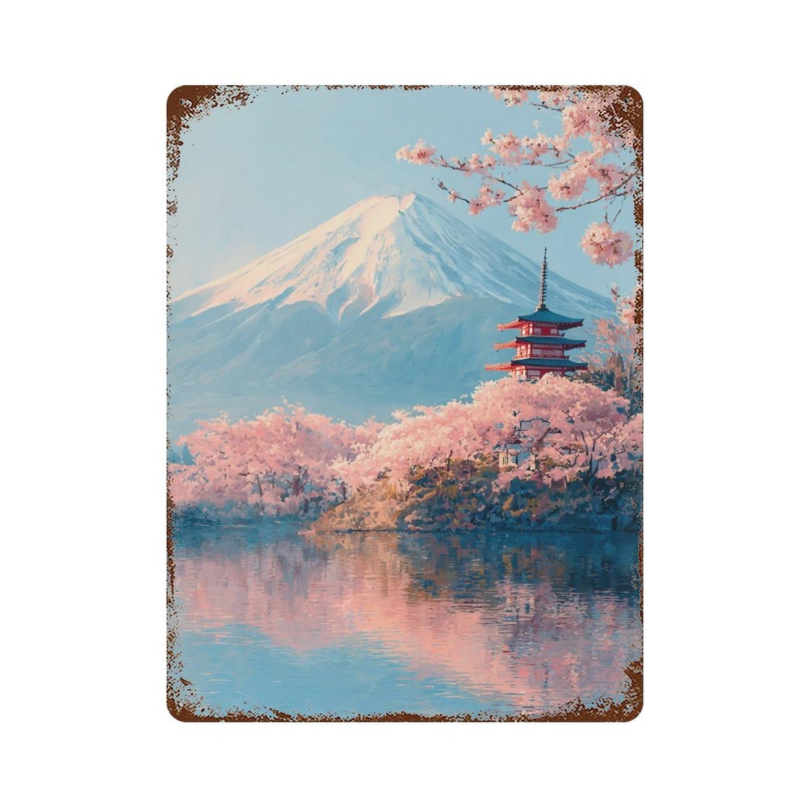 Cherry Blossom Serenity with Mount Fuji -1 Rusty Metal Tin Sign 15.7"x11.8", for Pub, Kitchen And Man Cave Decor, Novelty Wall Decor