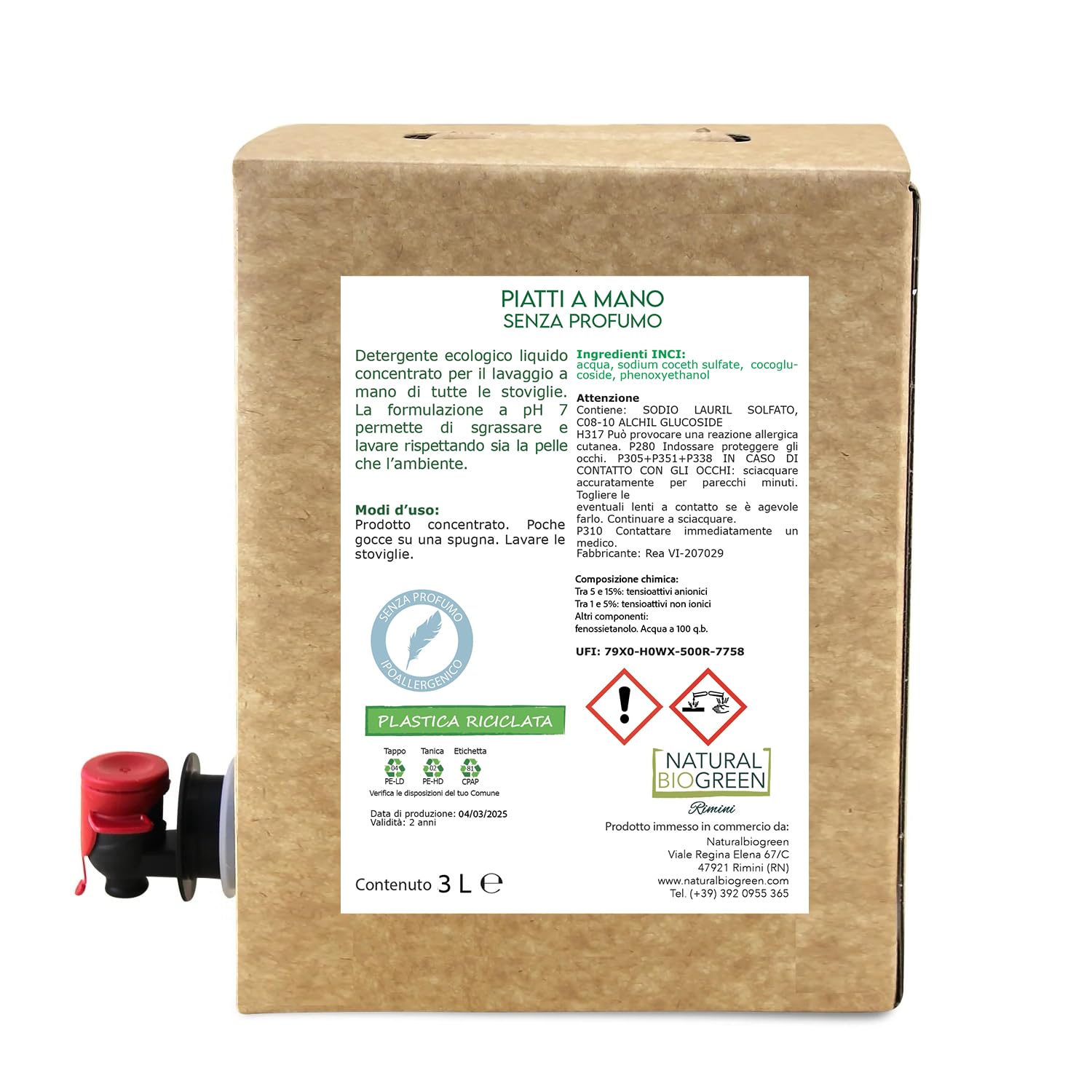Naturalbiogreen Umweltfreundliches Geschirrspülmittel, ohne Duft, hypoallergen, 3 Liter