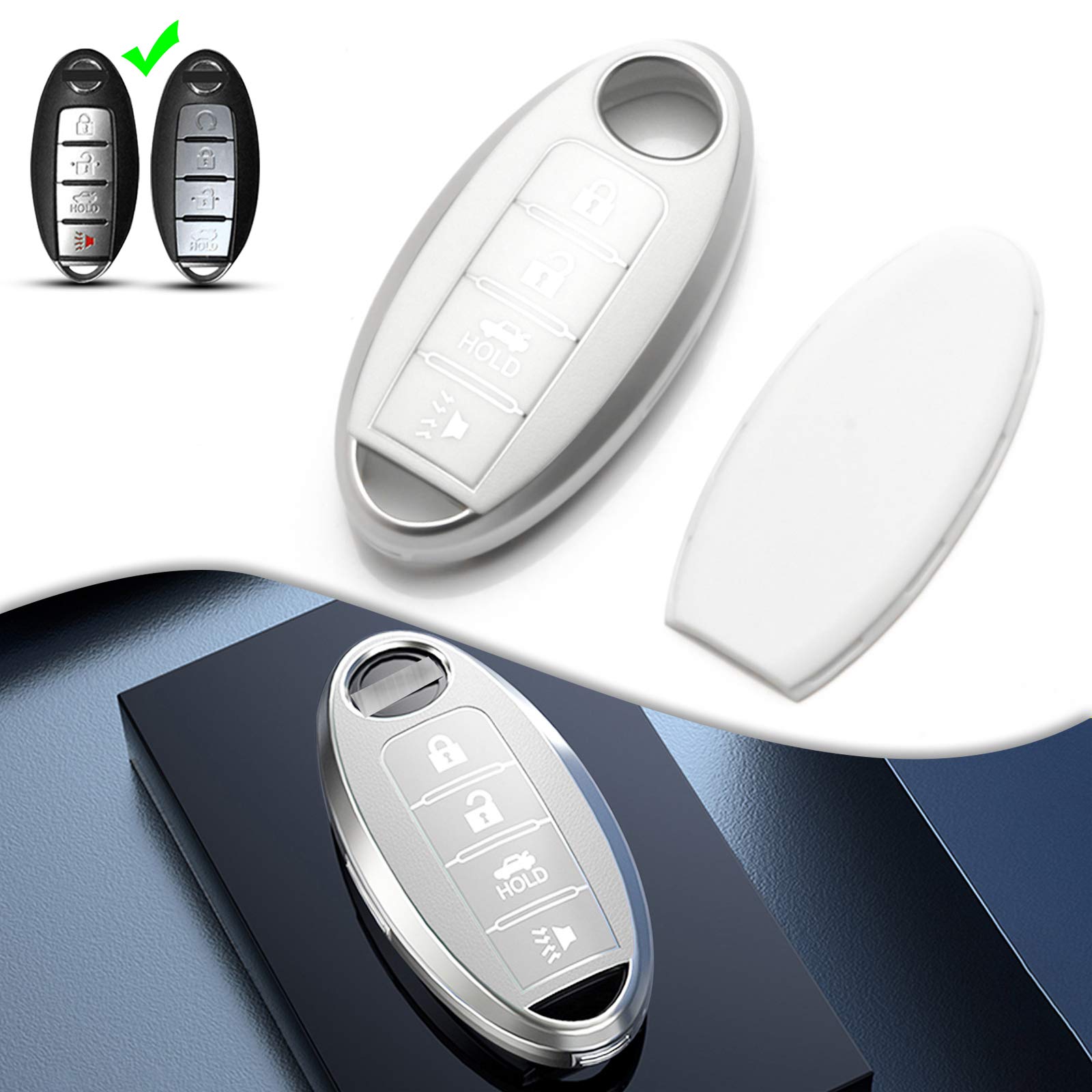 Xotic Tech Matte White TPU Flat Grain Leather Texture Key Fob Shell Cover Case, Compatible with Nissan Sentra Versa Armada Leaf Titan GT-R 370Z Infiniti Q50 QX50 G37 4-Button Smart Keyless Entry Key