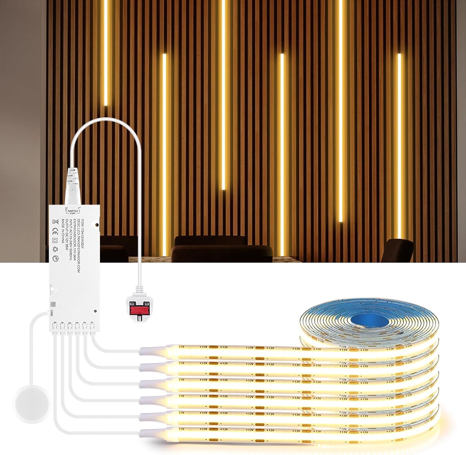 AIMENGTE COB LED Strip, 2M 6Pack 12V Warm White Acoustic Panels Cuttable LED Strip Lights Cabinet Light with Touch and Hand Sweep Dimmer Switching for Wine Cabinets, Kitchen, Cupboards, Shelves — image 1