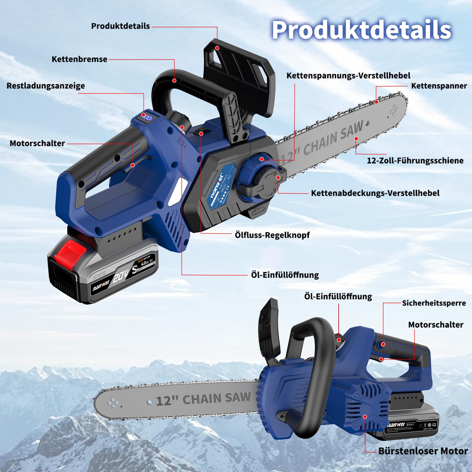 NANWEI Akku Kettensäge 12 Zoll mit 2x 4.0Ah Akku, kabellose Elektrosäge, ausgestattet mit einer Bremsklappe, bürstenlosem Motor (Mit 2 Batterie)