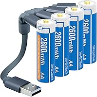 Vista 1 de Henreepow Baterías recargables de litio AA de 1.5 V, alta capacidad de 2600 mWh, batería recargable de iones de litio doble A, 1200 ciclos con cable
