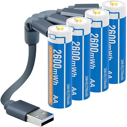 Henreepow 1.5V AA Lithium Rechargeable Batteries, High Capacity 2600mWh(1700mAh) Double A Lithium ion Rechargeable Battery, 1200 Cycles with 4 in 1 USB Charging Cable (4 Pack with Storage Box)