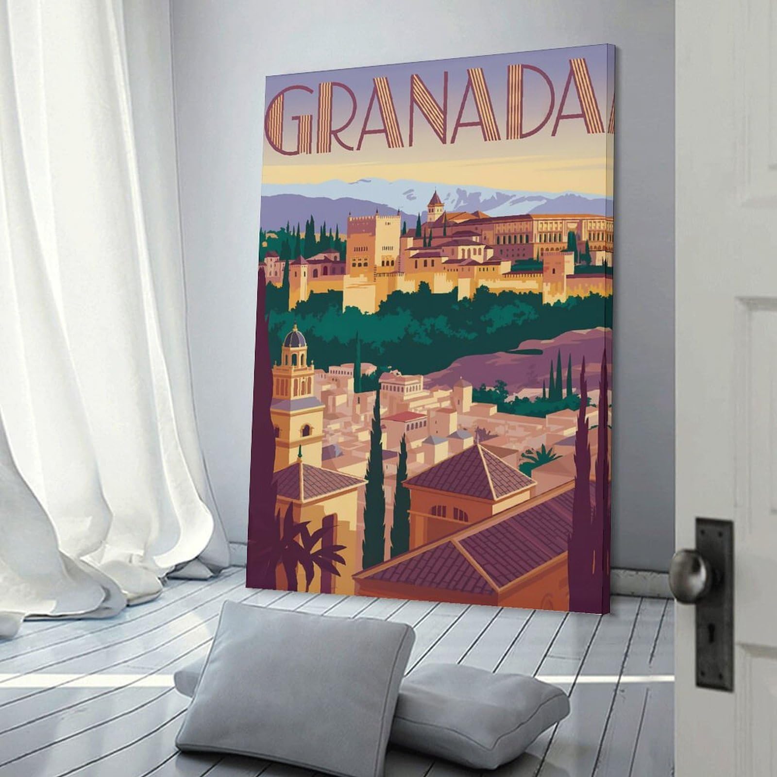 Junmoney Frame-Style-1 Granada Cityscape Vintage Travel Home Decor Wall Art, 24X36inch(60X90cm), For New Homes, Bedrooms Or Workspaces, Gift Idea For Housewarming And Birthdays