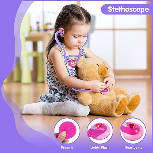 Miniatura 7 de GIFTINBOX Kit de médico para niños para niñas y niños, kit de médicos morados para niños, 22 piezas, juego de juguetes médicos con disfraz de médico