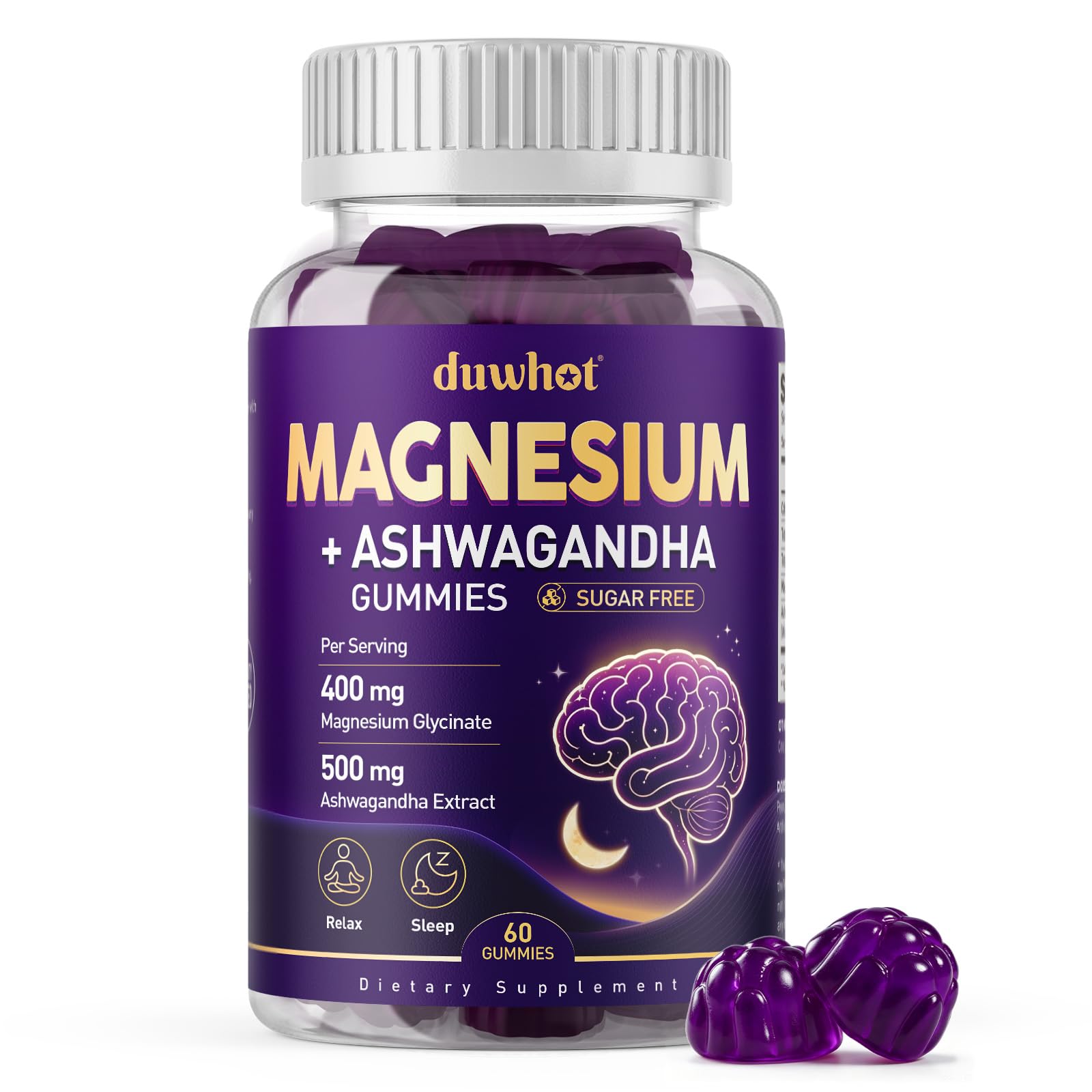 duwhot Magnesium Ashwagandha Gummies, Sugar Free, Vegan, 60 Count