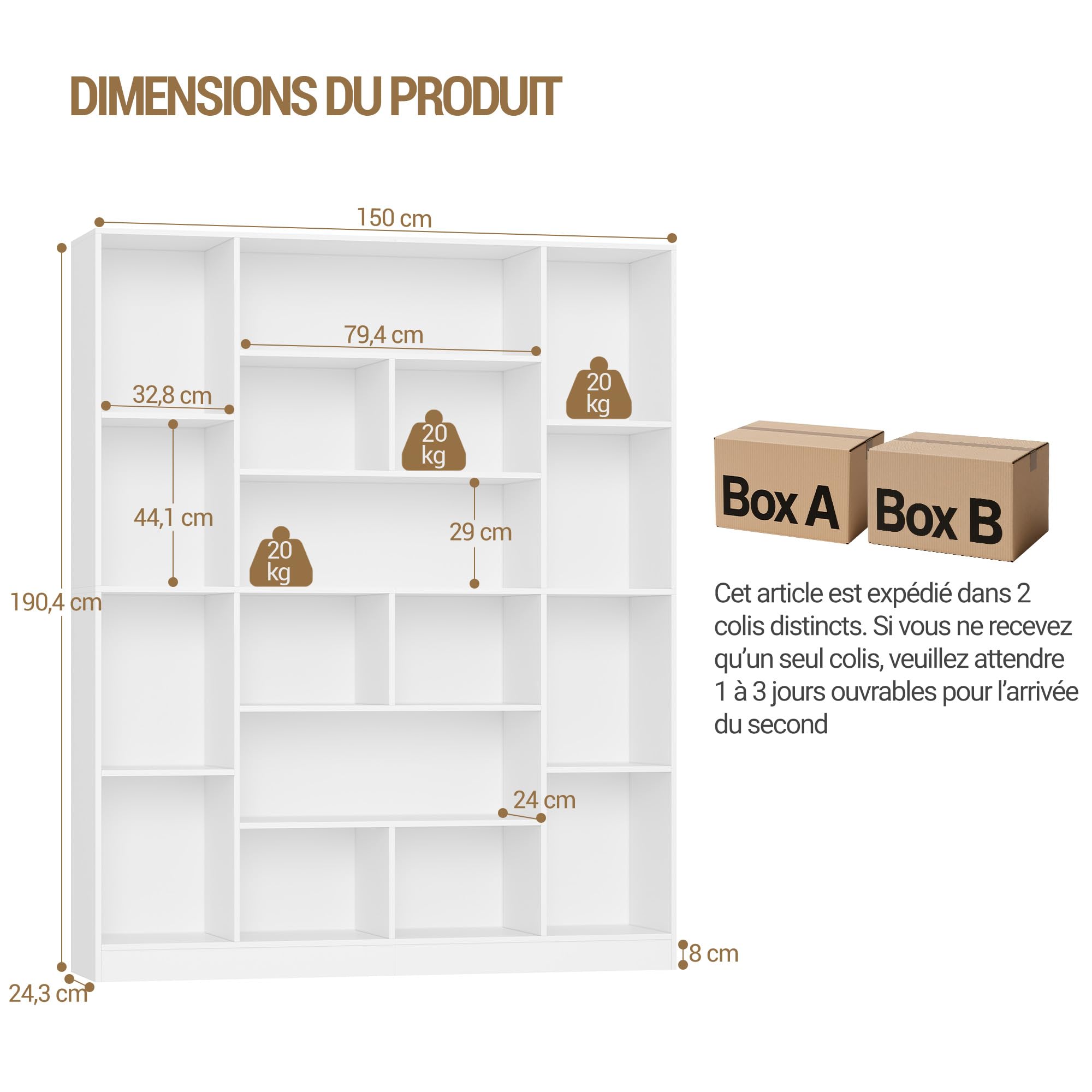 Hzuaneri Bibliothèque 190 cm avec 17 Étagères de Rangement, Meuble de Rangement Vertical, Étagère Ouverte pour Salon, Bureau, Cuisine et Chambre, 24,3 x 150 x 190,4 cm, Blanc BC46603X