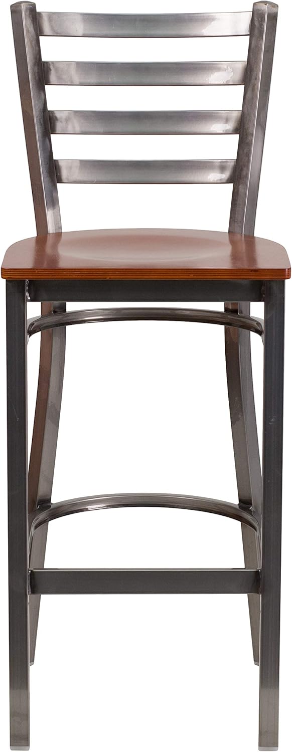 Flash Furniture 2 Pack HERCULES Series Silver Antique Finish with Clear Coat Ladder Back Metal Restaurant Barstool - Cherry Wood Seat