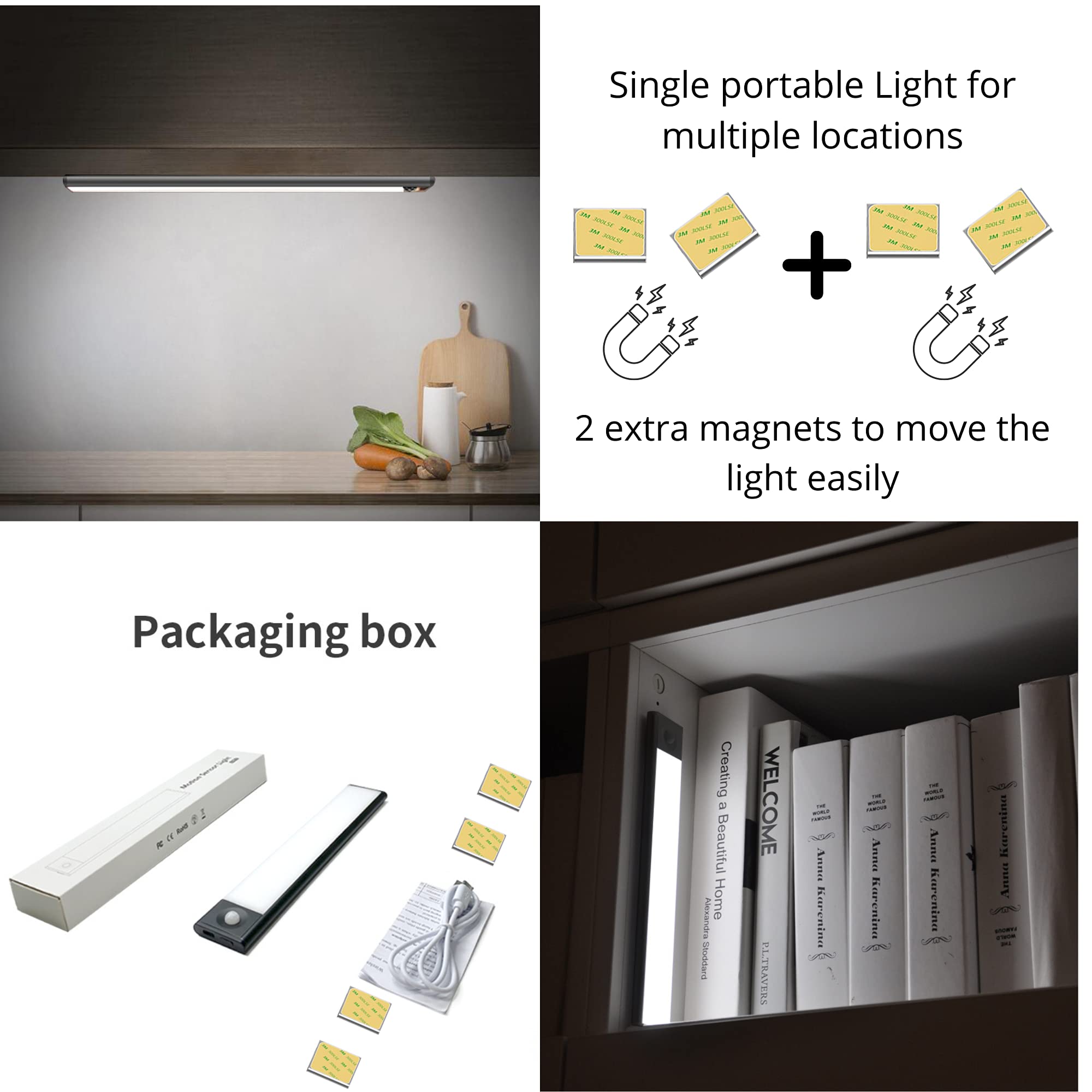 Luz LED magnética inteligente inalámbrica regulable de 15.7 pulgadas, 72 LED, ultrafina, 3.5 vatios, 2200 mAh USB-C recargable rápida y portátil 8