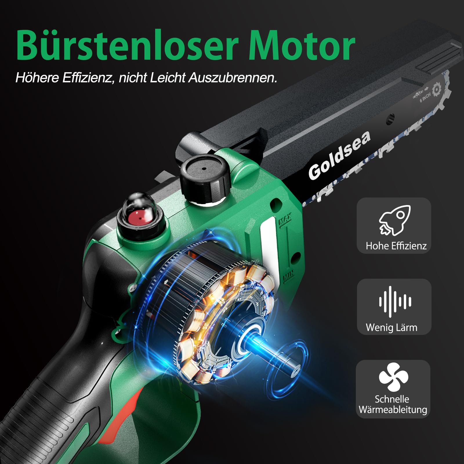 Goldsea Mini Kettensäge mit Akku, 6 Zoll Akku Kettensäge mit Akku und Ladegerät, Bürstenloser Motor, Automatische Kettenschmierung und Werkzeuglose Kettenspannung, Tragbar Akku Handkettensäge