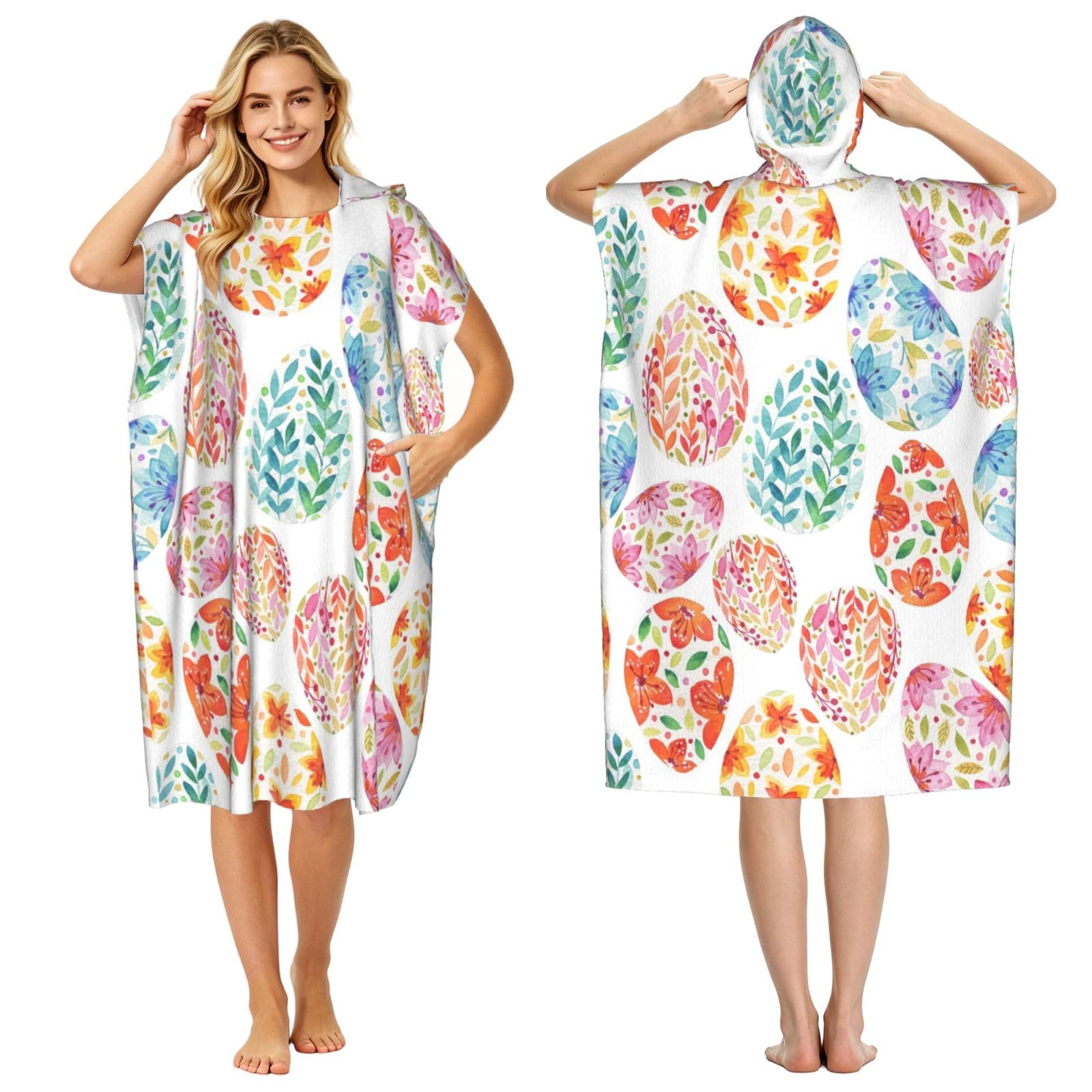 Poadnly Easter Eggs, Adult Hooded Beach Towel 90 x 110 cm,Changing Bath Robe, Surf Poncho Towel For Women Men